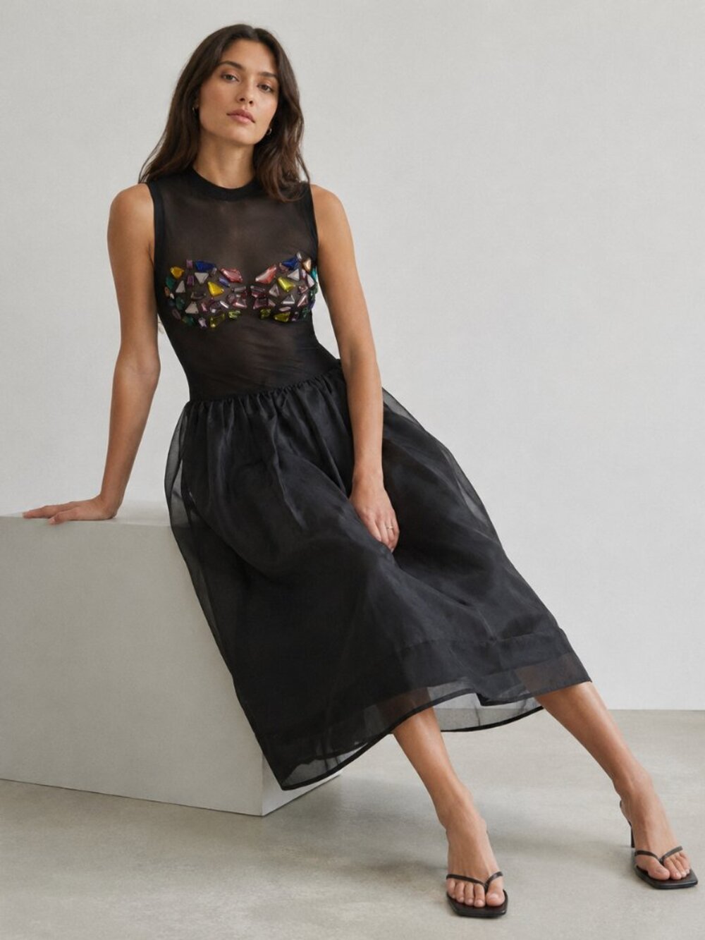 Cynthia Rowley Gems Mesh Organza Drop Waist Midi Dress Womens 8 Black NWT